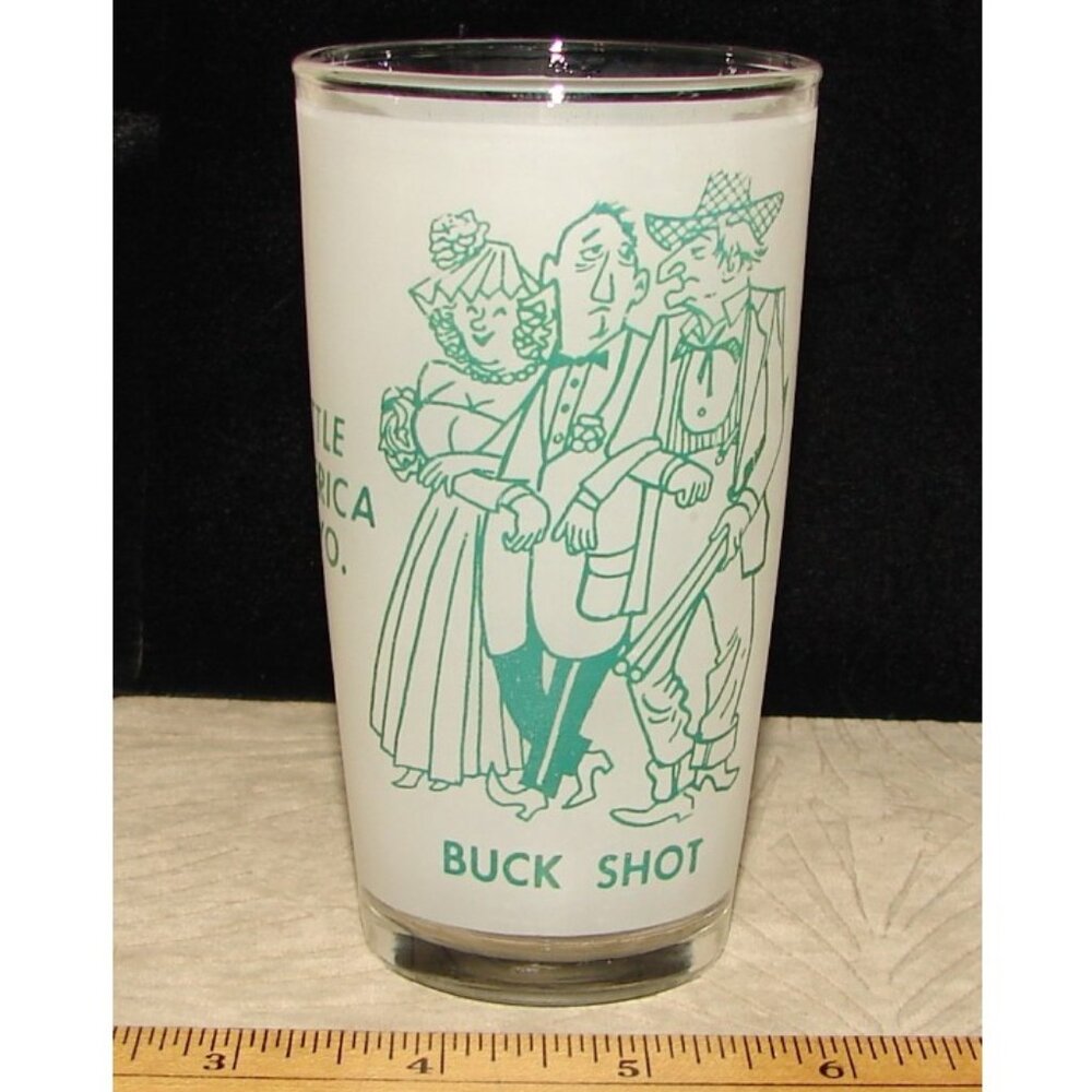 Vtg Hazel Atlas Frosted Glass Tumbler, WYOMING 'Buck Shot' Shotgun Wedding 1950s